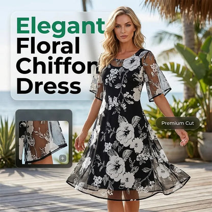 Elżbieta™ | Elegancka sukienka szyfonowa z kwiatowym nadrukiem