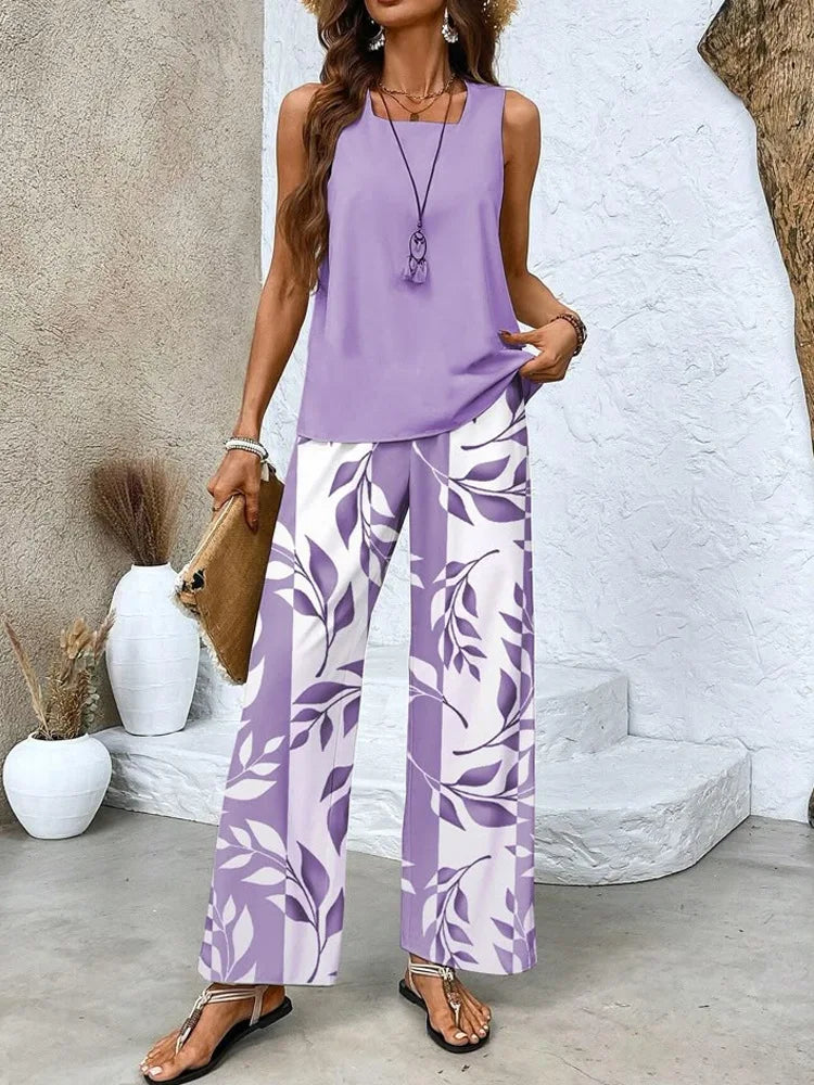 Serena™ | Elegantní letní komplet top + kalhoty s listy