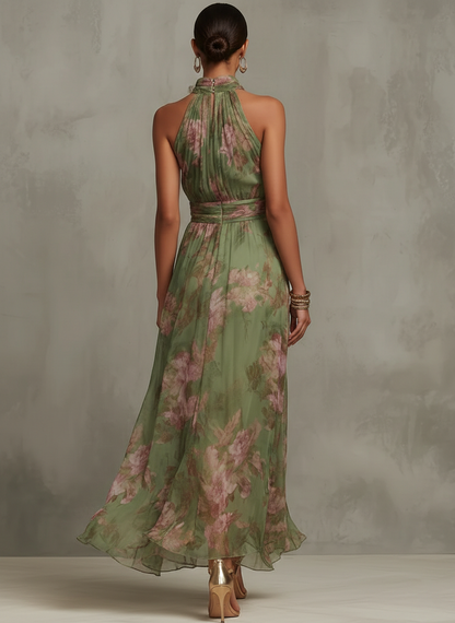 Serena™ | Dlouhé šifonové šaty s halter výstřihem a květinovým potiskem